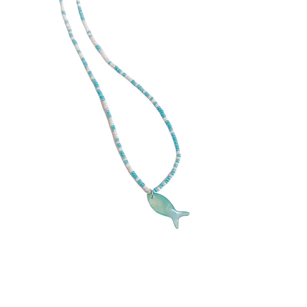 Vintage Blue Beaded Vintage Fish Pendant Necklace For Women Elegant Adjustable Length Collarbone Chain Gift For Her