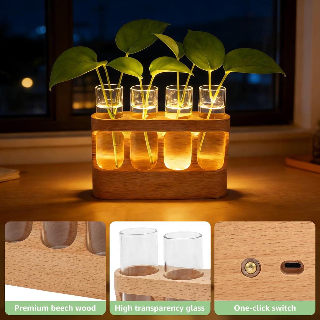 Versatile Propagation Vase 3 Lighting Modes Plant Propagation Station with Wood Stand Hydroponic Plant Glass Container for Home