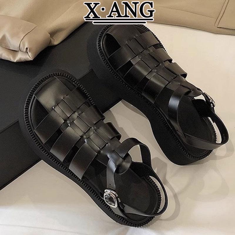 Leather bag head sandals women's platform Roman women's shoes 2025 summer new woven pig cage shoes hollow hole shoes