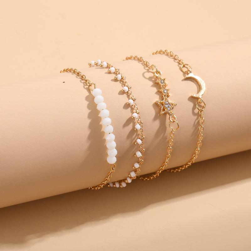 Bracelet, Fashionable Handmade Beaded Moon Five-Pointed Star With Diamonds, Moon Rice Bead Bracelet For Women