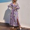 Women's Floral Print V Neck Long Sleeve Dress