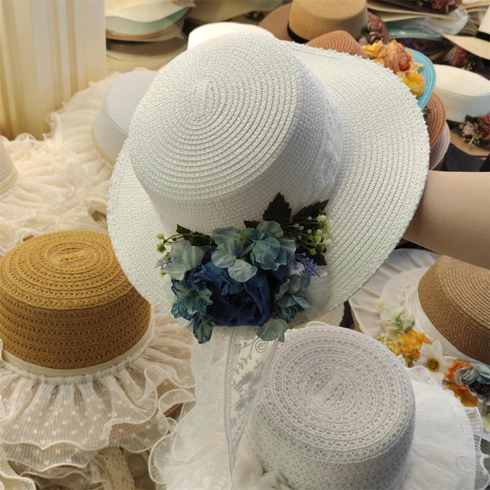 2025 new style flower decoration fresh ladies summer straw hat flat top large brim sun hat beach French elegant wedding hat
