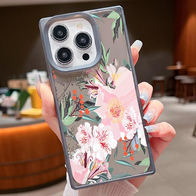Frosted Square Clear Phone Case for iPhone 16 Pro 15 14 Plus 13 12 Pro Max 11 Colored Floral Pattern Tpu Soft Shockproof Slim Cover