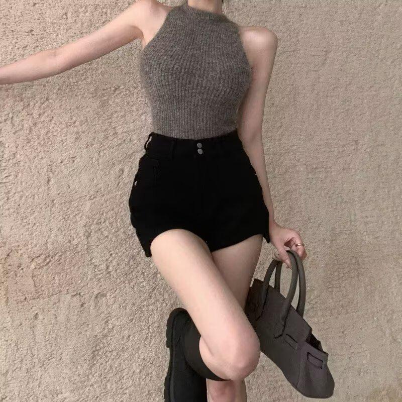 

Petite High-Waist Spicy Girl Denim Shorts - Summer 2026 Niche Design Wide Leg Hot Pants for Women XS чёрный