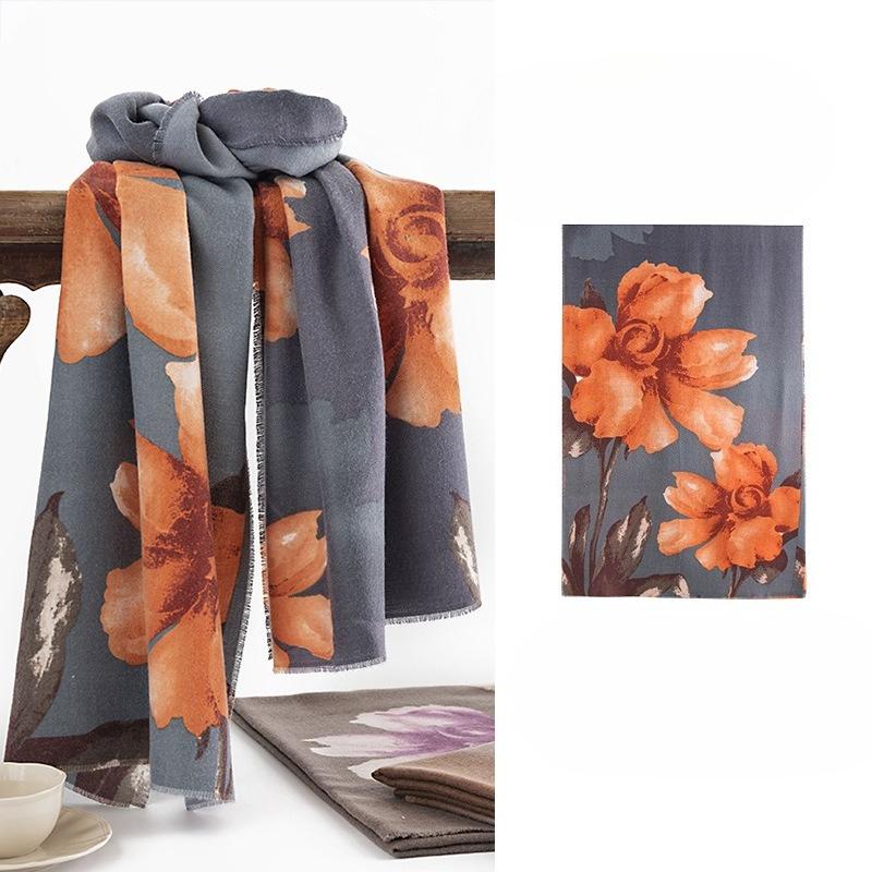 Hibiscus Cashmere Texture Scarf Winter Warm and Elegant Blue Women's Imitation Cashmere Scarf Shawl Light Luxury and High End