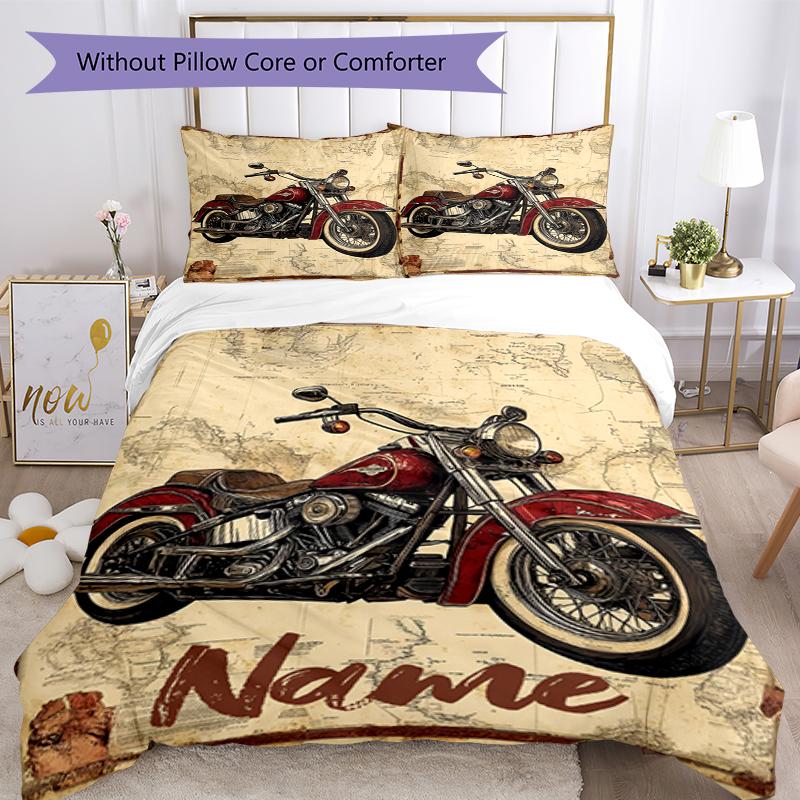 3pcs Custom Name Motorcycle Bedding Set Duvet Cover Closure Includes 1 Duvet Cover & 2 Pillowcases, Soft and Comfortable for All Seasons.