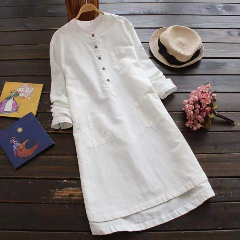 804# Cotton Linen Long Sleeve Shirt - Slimming, Plus Size, Casual Mid-Length Fashion Top for Spring and Autumn.