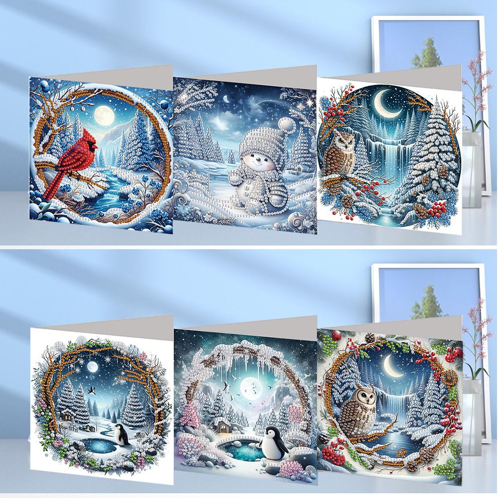 6PCS DIY Diamond Painting Christmas Snowman Cottage Mosaic Postcard Xmas Theme Rhinestone Painting Flower Pattern Greeting Cards