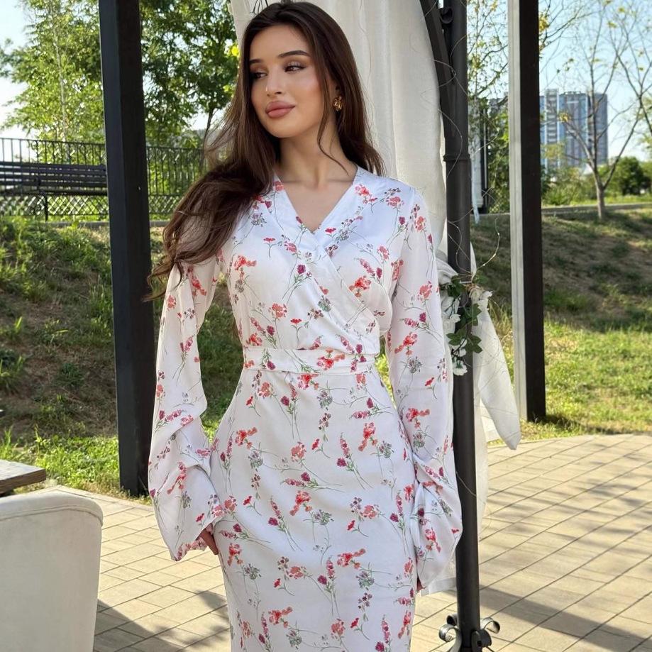 Женское приталенное платье с длинным рукавом для похудения, лето 2025 - Европейская и американская мода M белый