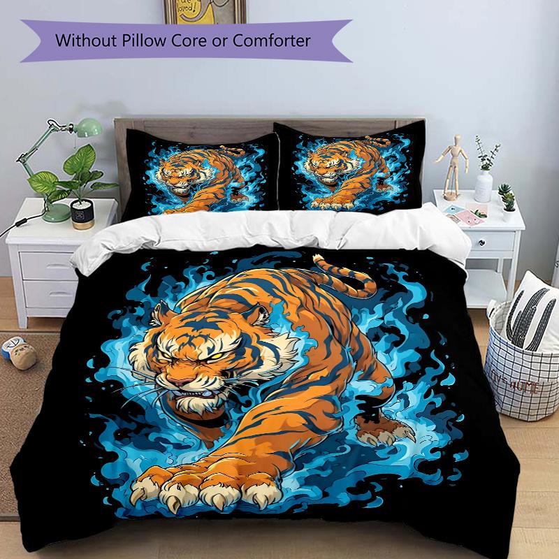 3pcs Blue Flame Tiger Quilt Set - Soft and Comfortable Bedroom, Guest Room and Dorm Decor Bedding Set 1 Quilt Cover + 2 Pillowcases.W012