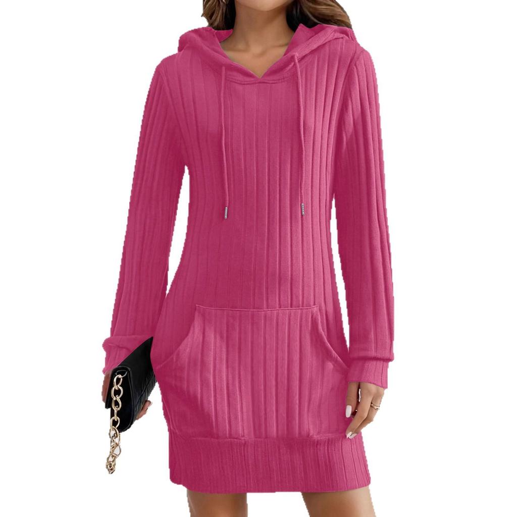 2025 Autumn/Winter Knit Hooded Ribbed Pocket Long Sleeve Dress for Women