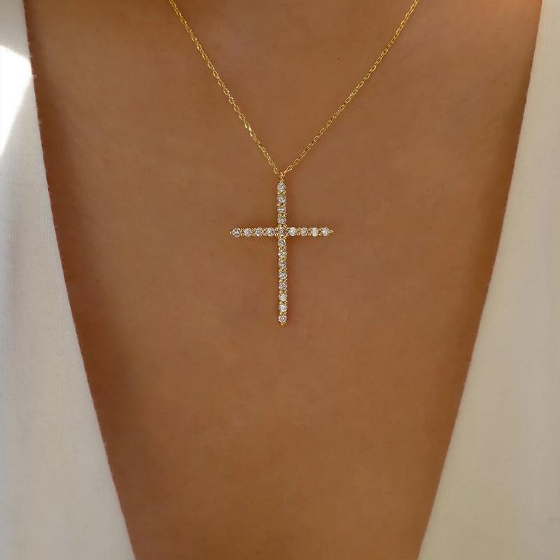 Fashionable Rhinestone Cross Necklace - Exquisite Simple Sweater Chain золотой