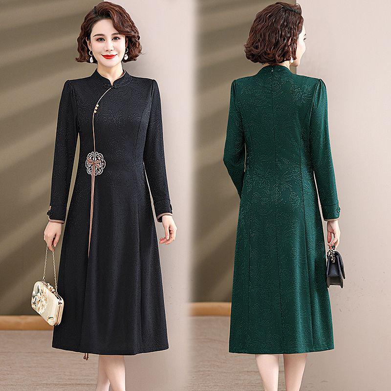 Autumn Mid-Length Embroidered Dress for Middle-Aged Women