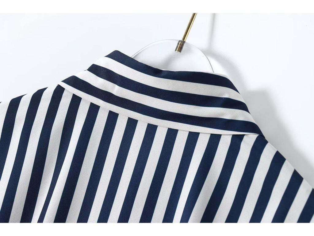 2024 Summer Women's Casual Striped Midi Belt Shirt Dress