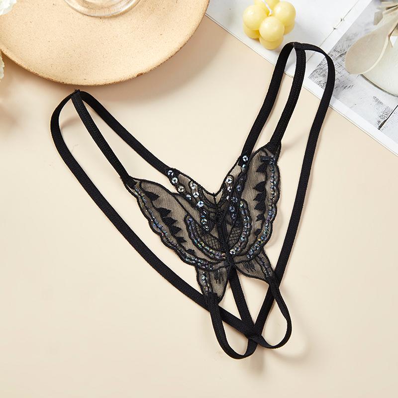 Women's Sequin Embroidered Butterfly Flower Open Crotch Thong - Transparent Hollow-Out Lingerie.