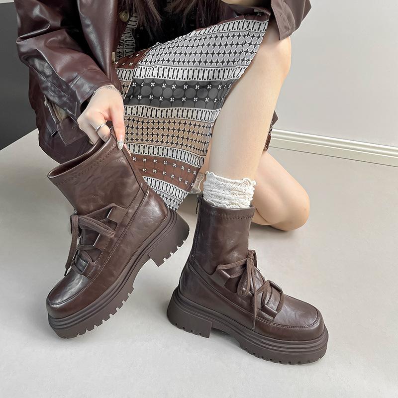 

Martin boots short boots women s 2025 autumn and winter new thick-soled lace-up British style round head thick heel black short boots fashion boots 40 коричневый