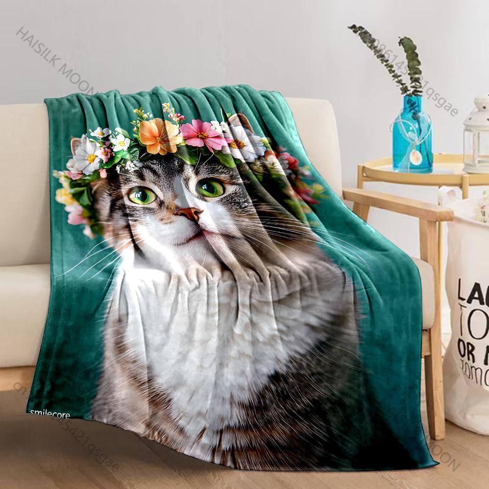 Multiple Sizes Cat Wearing Flower Crown Blanket Suitable for Home Bedroom Sofa Travel Camping Blanket Various Sizes for Gifts