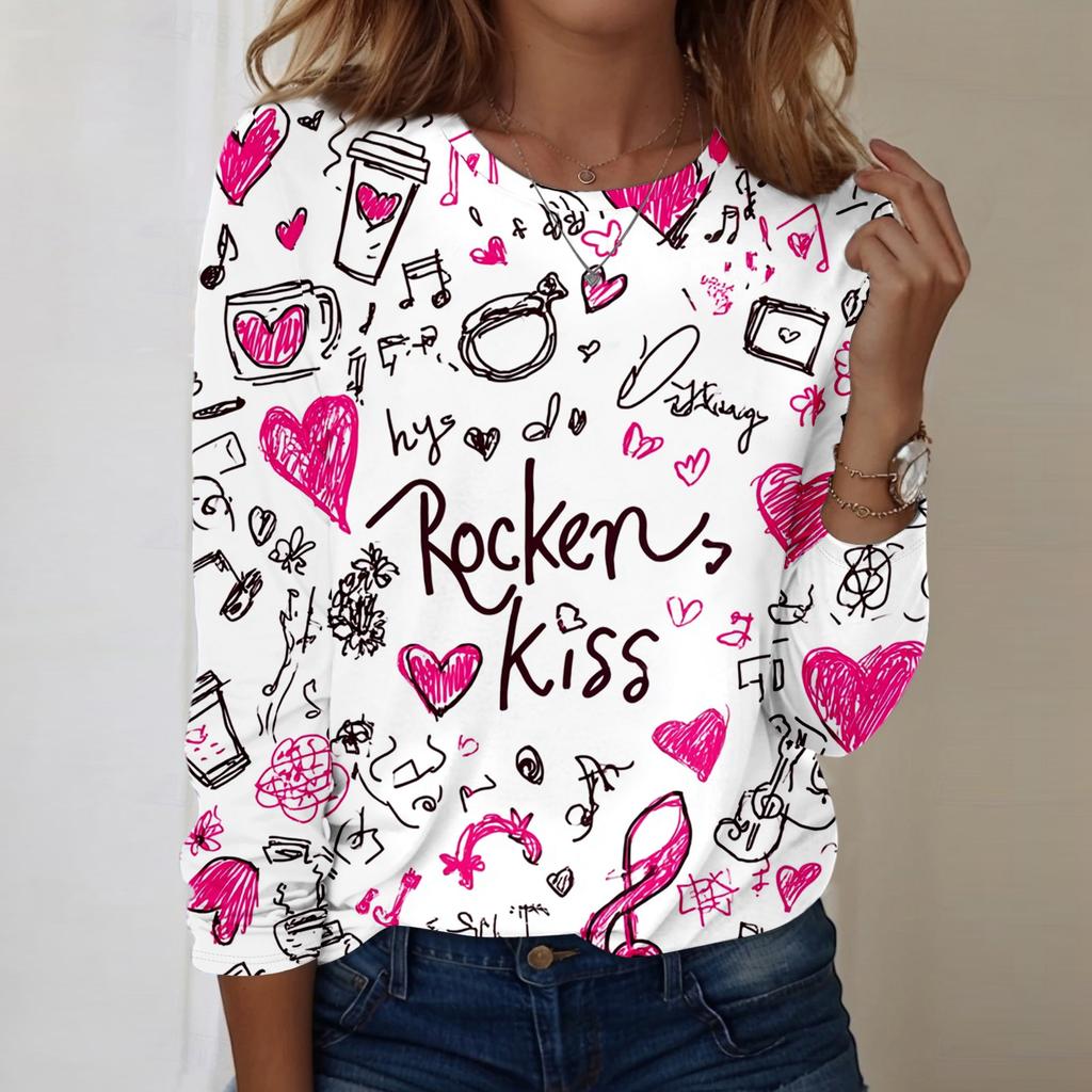 Women's Heart,shaped Printed Round,neck Loose Long,sleeved Top