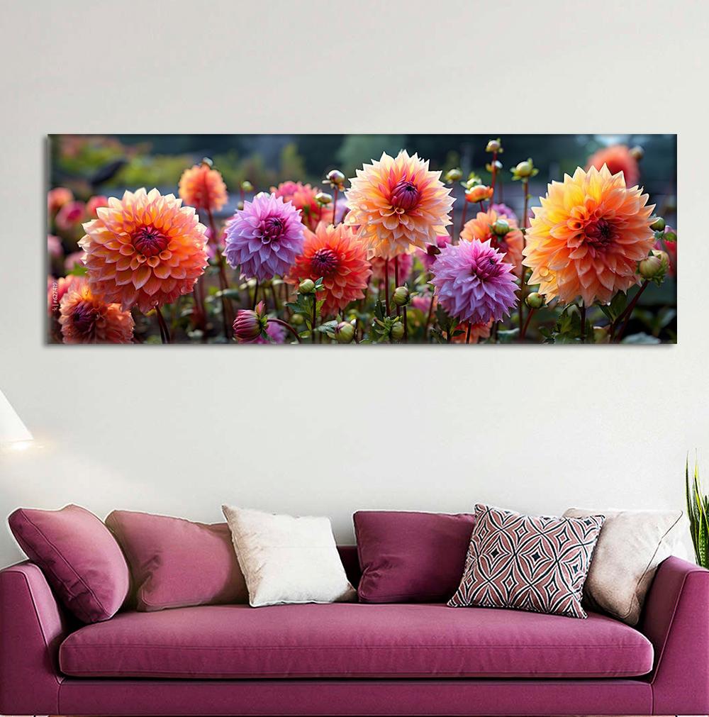 Autumn Dahlia Mix Flowers with Rain Drops Canvas Painting, Colorful Flower Posters, Garden Prints, for Living Room Decor, Quadro