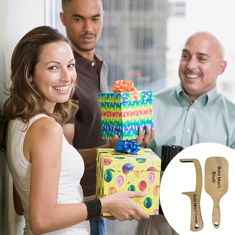 2Pcs Gag Hairloss Joke Gift For Bald Man Funny Wooden Hairless Combing Brush And Toothless Comb For Men Hair Loss Christmas Gift