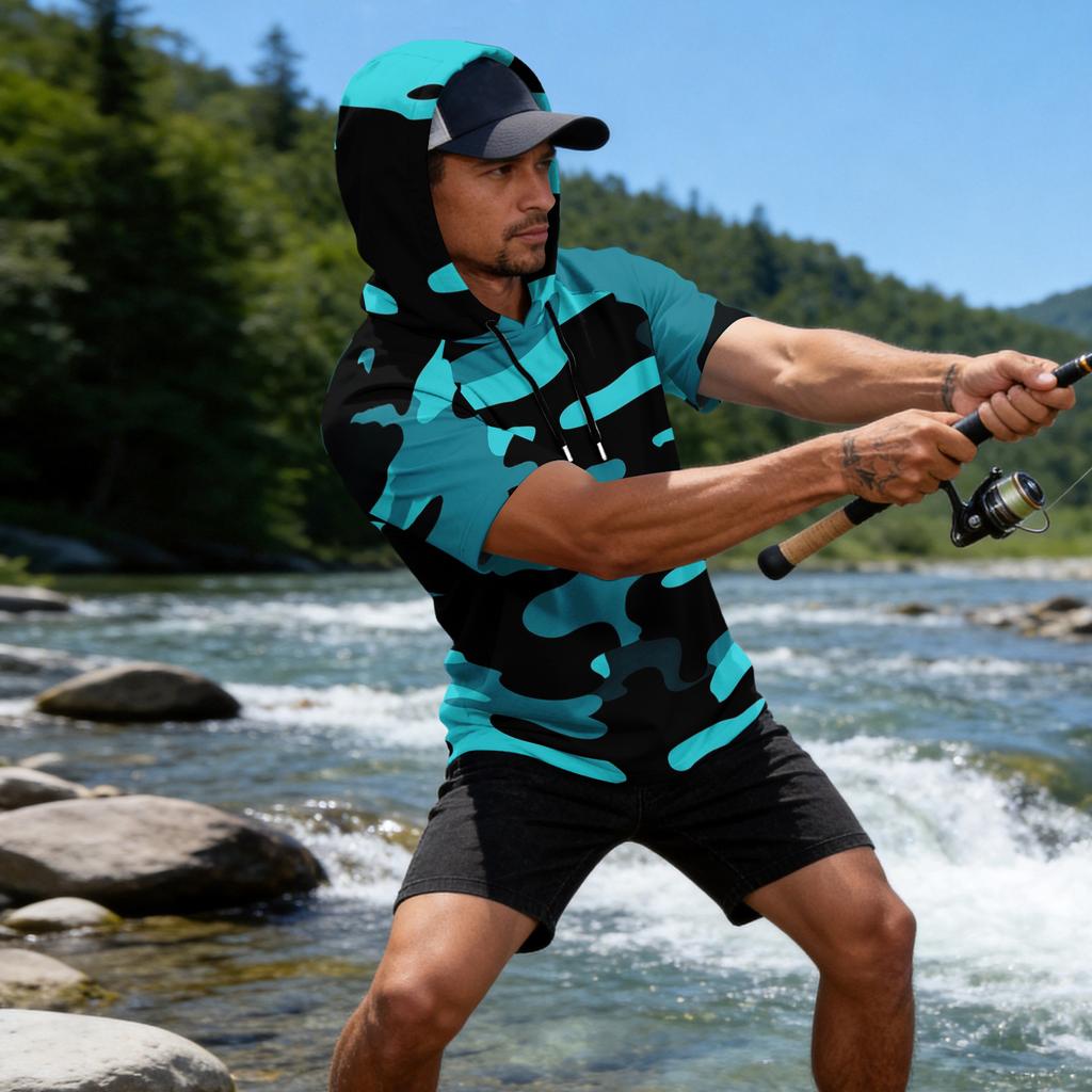 Men's Camouflage Print Raglan Sleeve Casual Sport Fishing Short Sleeve Hoodie Lightweight Breathable Outdoor Activewear Top