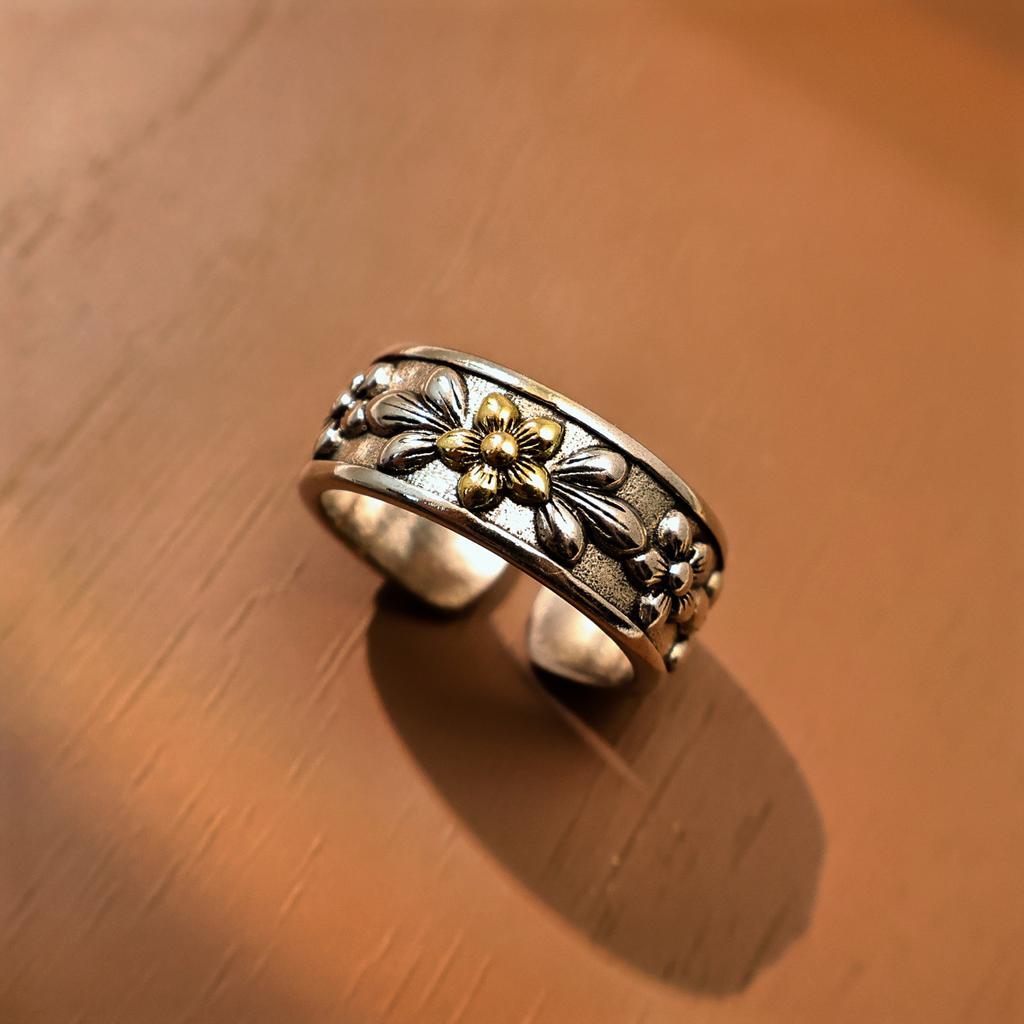 Retro Flowers Adjustable Open Ring For Men Silver-plated Copper Gothic Punk Edgy Indie Jewelry Niche Accessories Unisex Gift