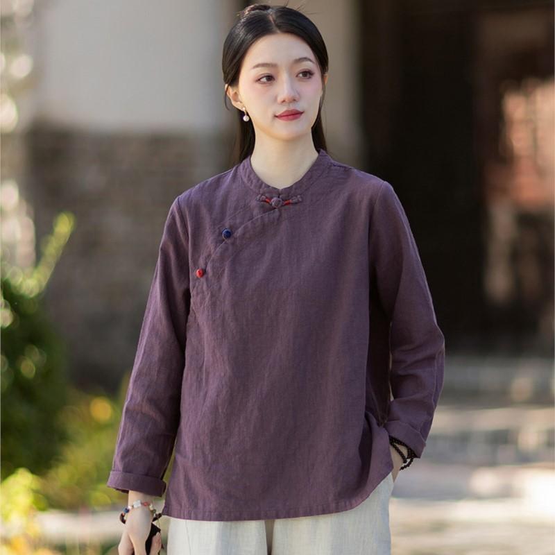 Johnature Women Vintage Shirts Stand Tops Spring Chinese Style Solid Color Long Sleeve Button Female Shirts