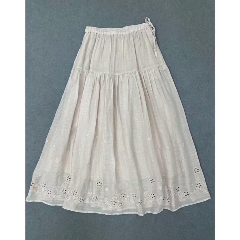 Johnature Summer French Embroidery Three-dimensional Flower Skirt Women Vintage Ramie Elastic Waist Skirts