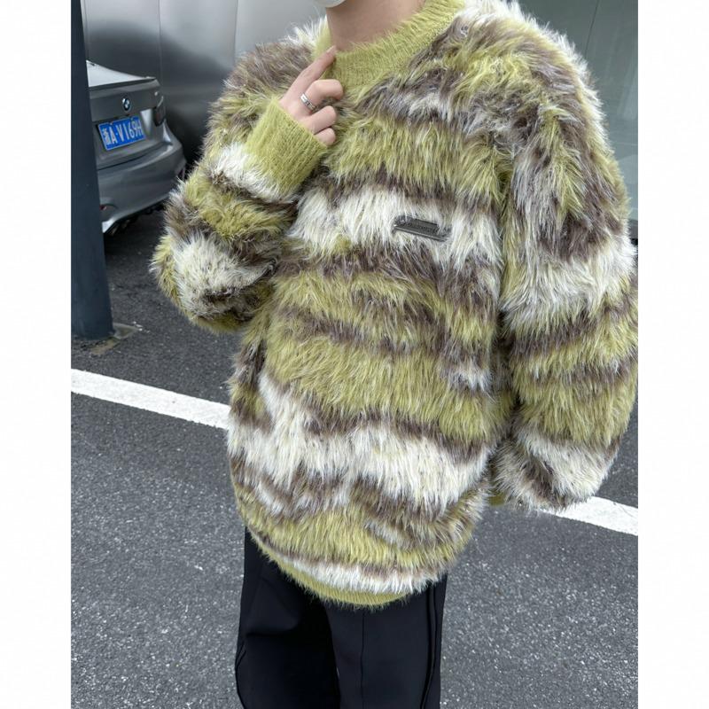 Unisex Retro Faux Mink Fur Knit Sweater Cardigan: Cozy, Loose, Round Neck Outerwear for Autumn and Winter