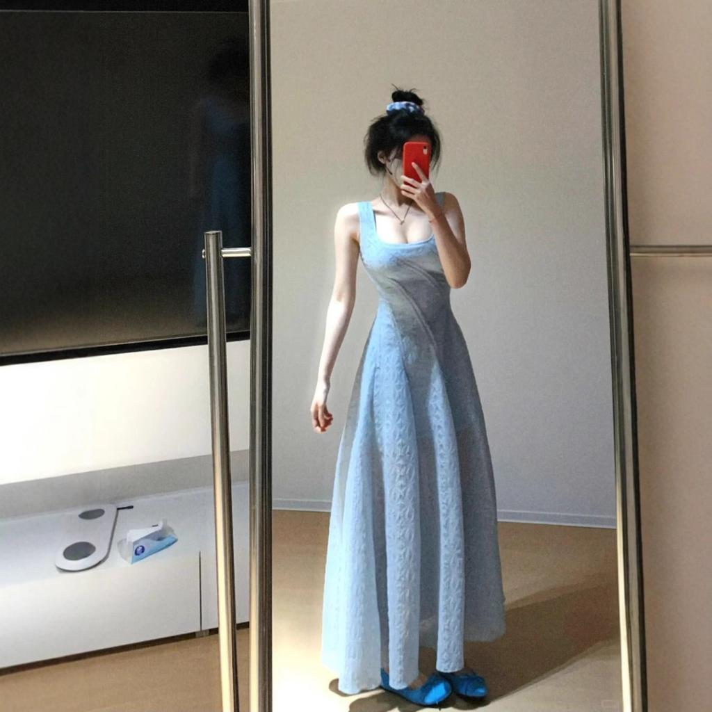 French blue square neck suspender dress women's summer seaside vacation temperament advanced sense waist thin fluffy dress