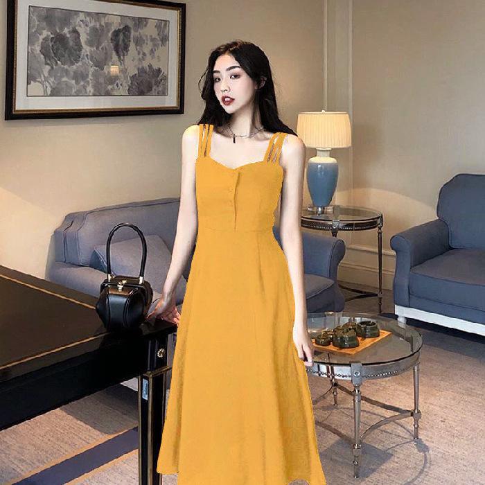 YYFS Dámská móda Léto Jaro Jednobarevný potisk Podvazky bez rukávů Ležérní šaty s vysokým pasem