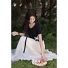 Women's Irregular V-Neck Black T-Shirt with Bowknot