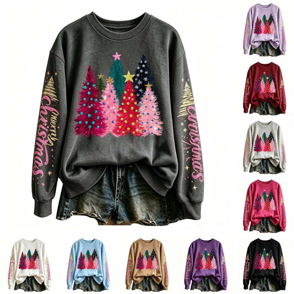 Women's Fashion Long Sleeve Crewneck Pullover Sweatshirt with Christmas Print Top