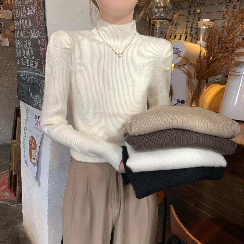 Semi-turtleneck bubble long-sleeved primer sweater for women's autumn and winter slim-fitting and thin knitted sweater short top for women