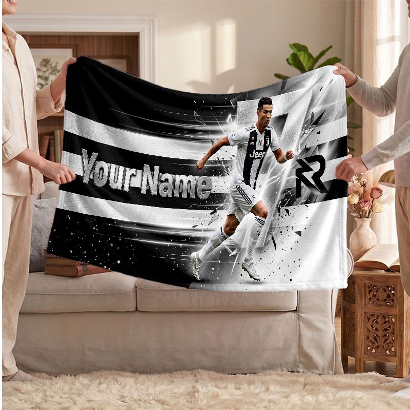 Coperta Personalizzata in Pile Cristiano Ronaldo con Logo Calcio, Testo Nome Personalizzato Morbida Calda Coperta da Divano per la Casa