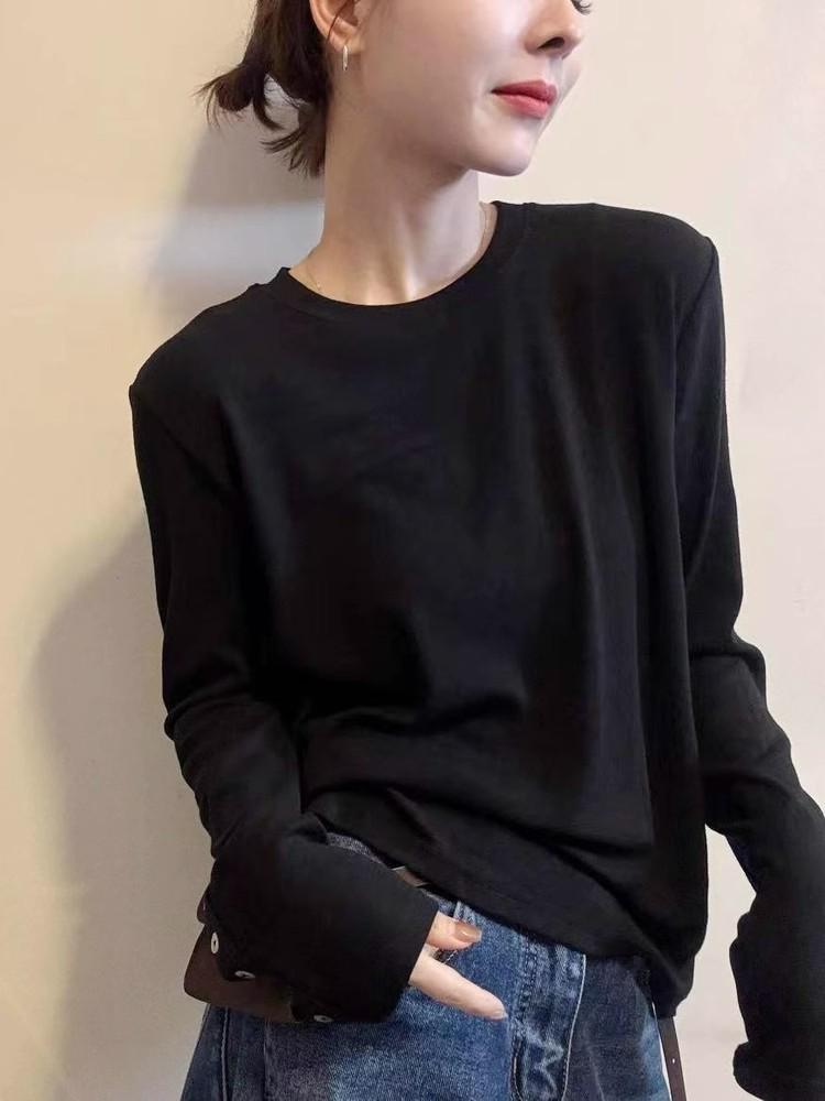 Women's Long-Sleeve T-Shirt - 2025 Autumn/Winter Collection, Versatile Design with Shell Buttons