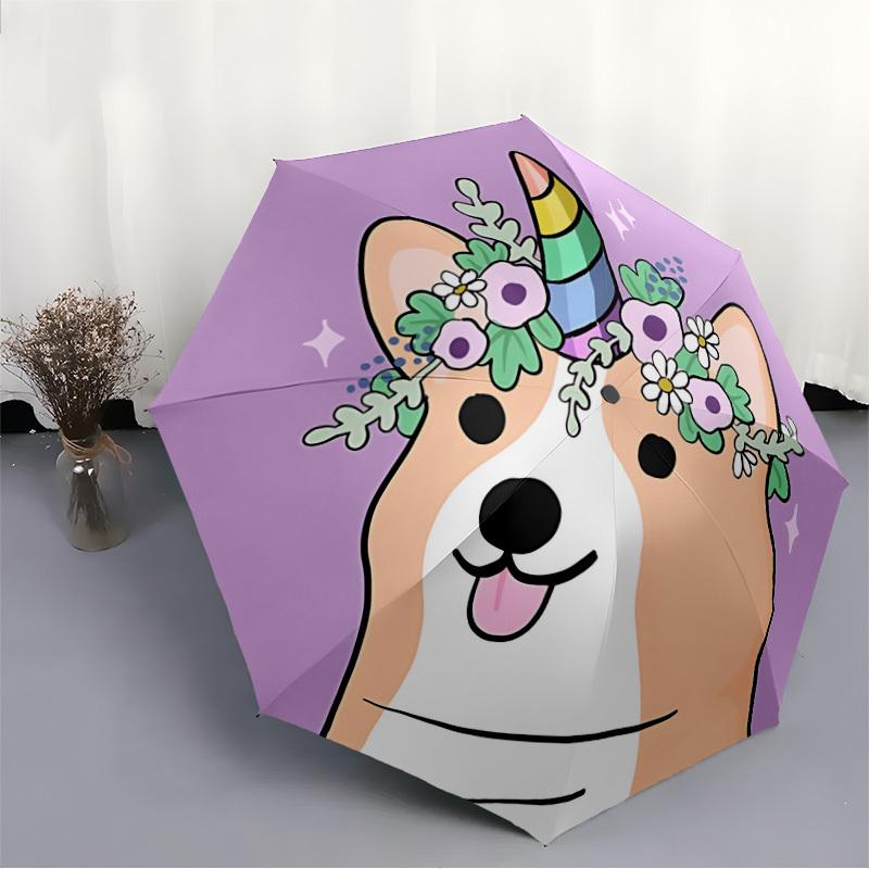 1pc Unicorn Corgi Fashionable Automatic Opening/Closing Folding Umbrella with 8 Bones, Windproof Portable, Daily Use073