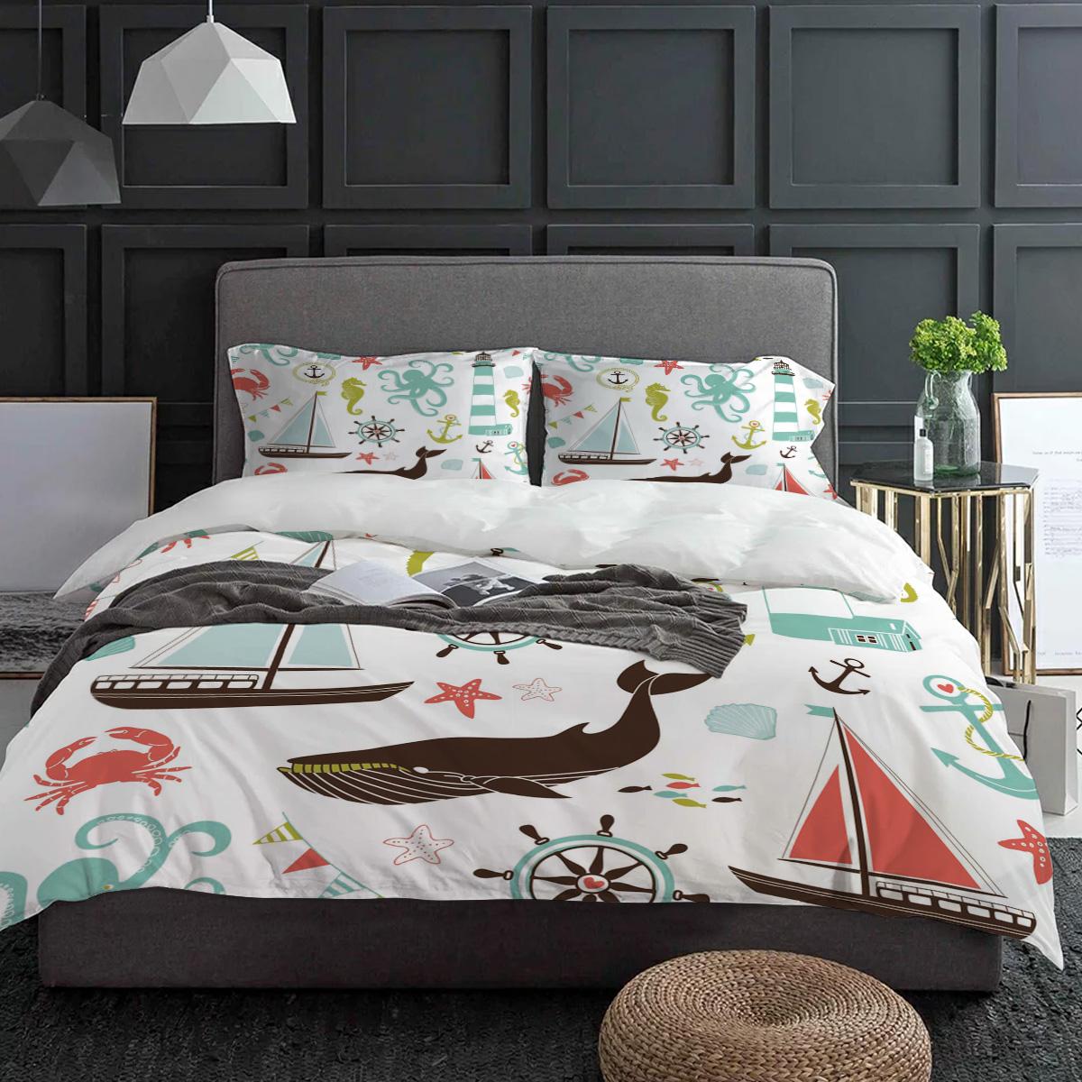 

Китовый Парусный Осьминог Морской конёк Маяк Пододеяльник с наволочкой 3 предмета Комплект постельного белья Покрывало Двуспальная кровать Домашний текстиль EU single(135x200cm)