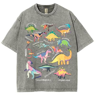 Farbiges Cartoon-Dinosaurier-Print Damen-T-Shirt Übergröße Locker Waschung Einfarbig Kurzarm Amerikanischer Retro-Top