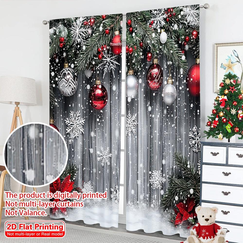 2D Flat Printing 2pcs Merry Christmas Curtain With Snowflakes_ Red Balls and Green Plants Versatile Fabric Without Electricity