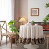 American Style Solid Color Cotton Tablecloth Round Dining Table Cover With Floral Jacquard Trim