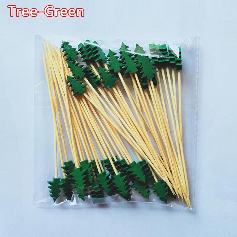 50Pcs/set Christmas Fruit Sticks Disposable Bamboo Sticks Snowflake Christmas Tree Elk Santa Claus Snowman Sticks Xmas Ornaments