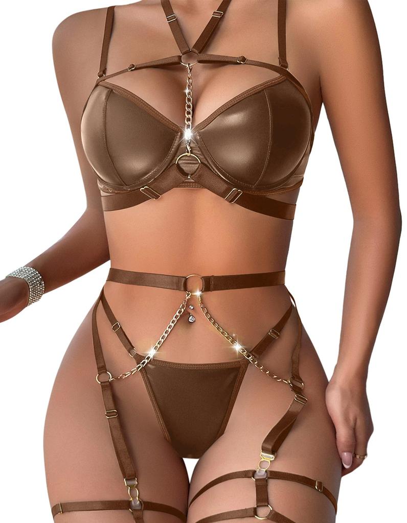 Lilosy Sexy Pu Leather Strappy Underwire Garter Belt Lingerie Set