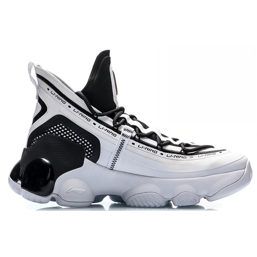 Li Ning Non slip Lightweight Mid top Vintage Basketball Shoes Men's Black White AGBP127-1
