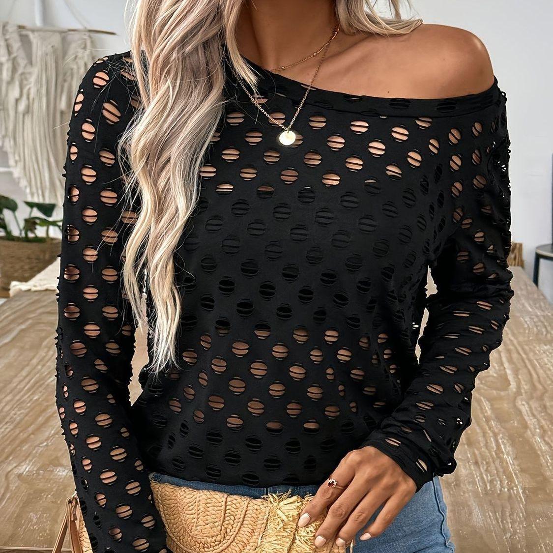 Plus Size Mesh Hollow-Out Long Sleeve Black Cover-Up Top: Slimming & Flaw-Hiding 3XL чёрный