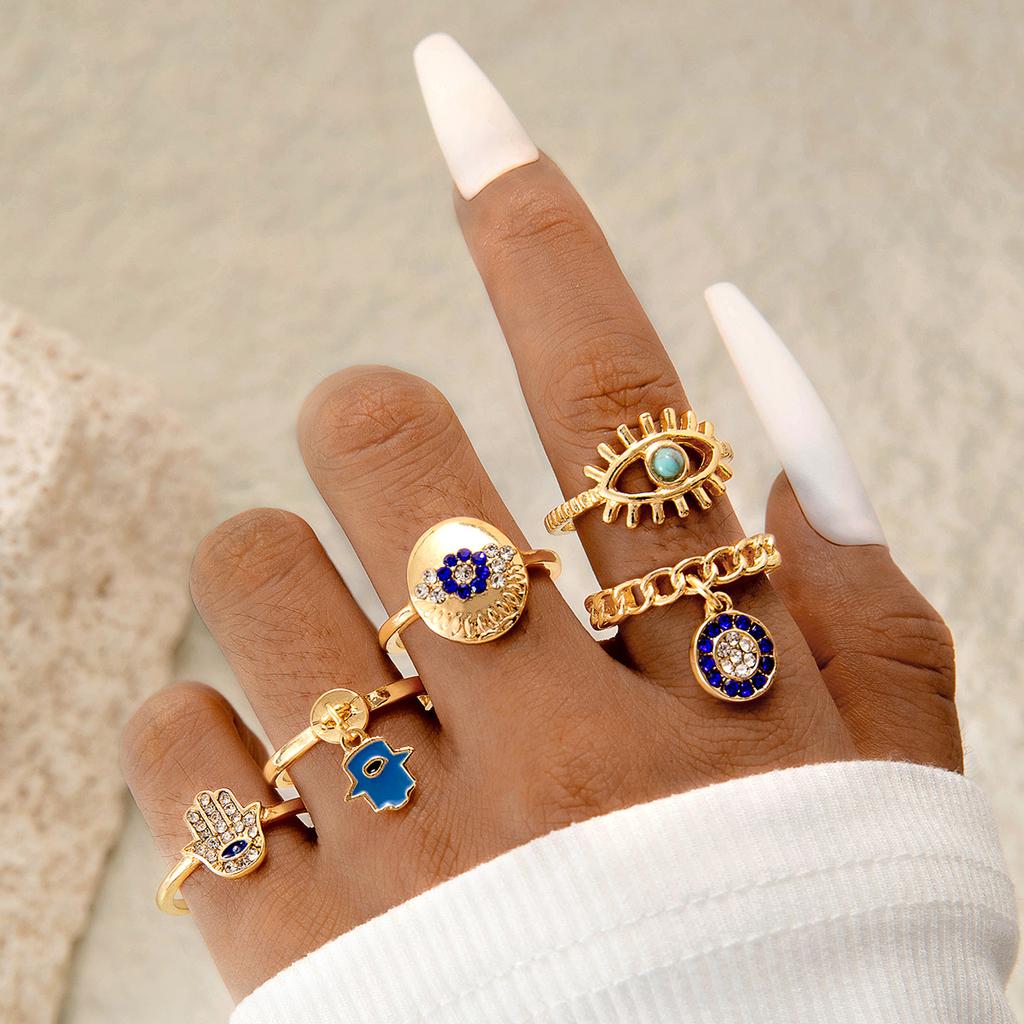 Fashion jewelry Vintage carved sun feather cross black gemstone ring multi-piece set set