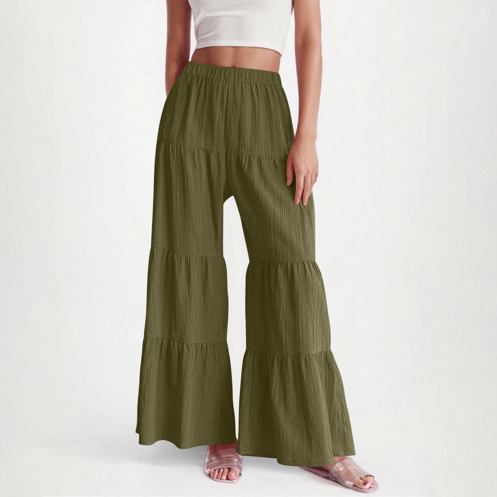 

Women’s Wide Leg Tiered Palazzo Pants High Waist Elastic Waistband Lightweight Loose Fit Trousers for Casual Wear L армия зеленый