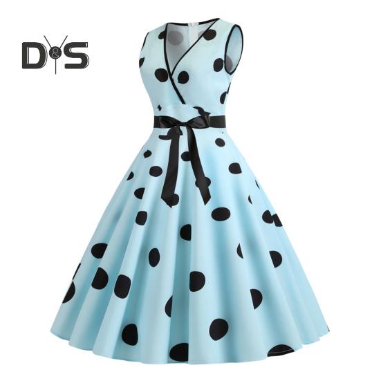 Sukienka wieczorowa dla kobiet w stylu vintage, kontrastowe kropki, nadruk w kropki, kokarda w talii, linia A, duży rozkloszowany, wąska talia, bez rękawów, odkryte plecy, dekolt w serek, sukienka midi w stylu księżniczki
