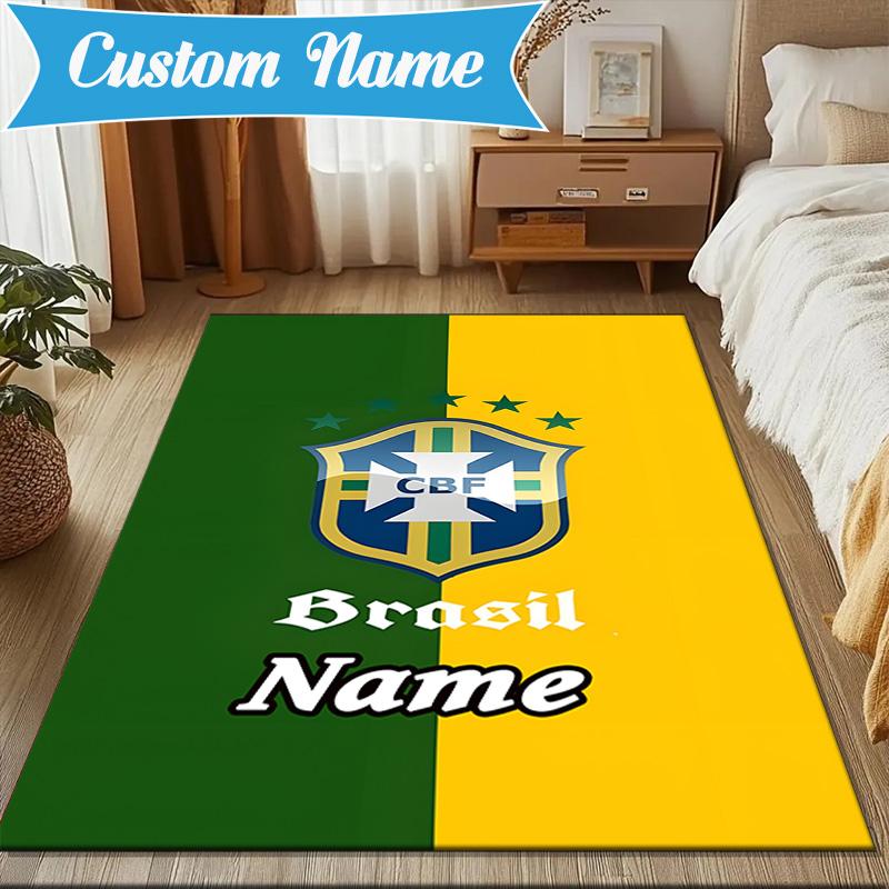 Custom Name Brasilian Pride Emblem Rug Game Carpet, Floor Mat for Bedroom Living Room Entryway Rug, Home Decor Idea Gift for Christmas birthday