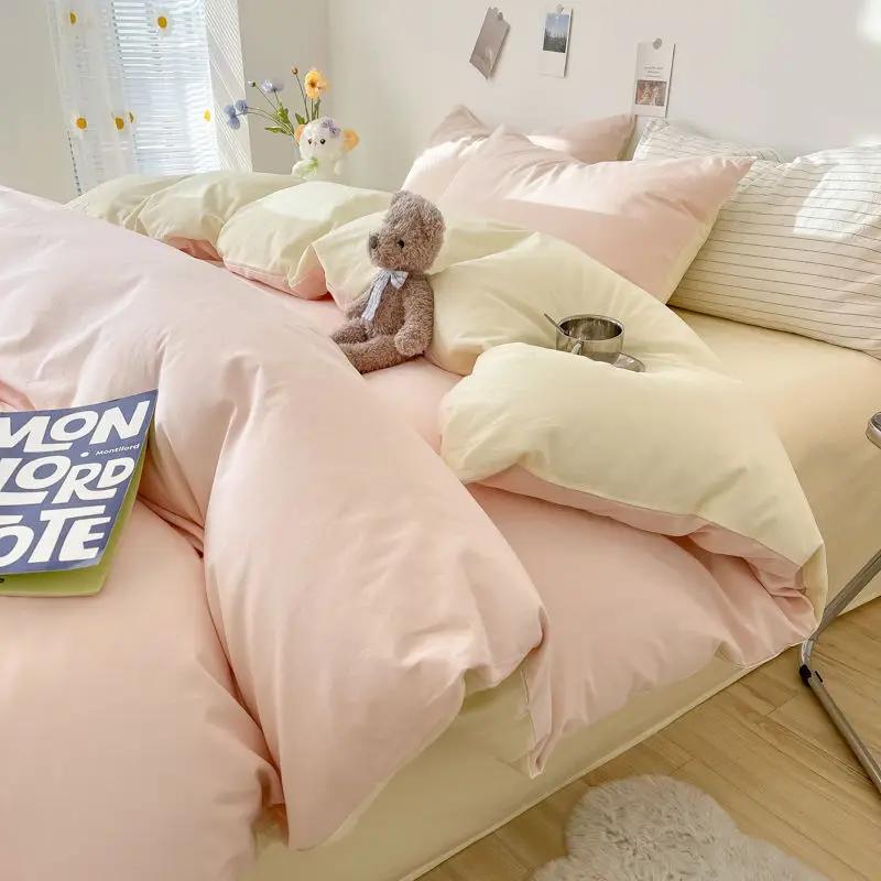 INS Plaid Bedding Set Pink Green Bed Linens Nordic Duvet Cover Pillowcase Queen Size Flat Sheet Adults Kids Bedclothes